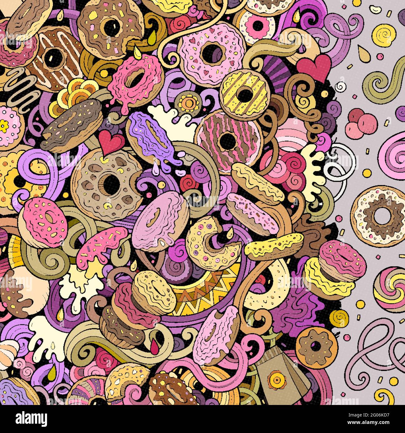 Donuts handgezeichnete Vektor-Doodles Illustration. Süßwaren Rahmen Karte Design. Stock Vektor