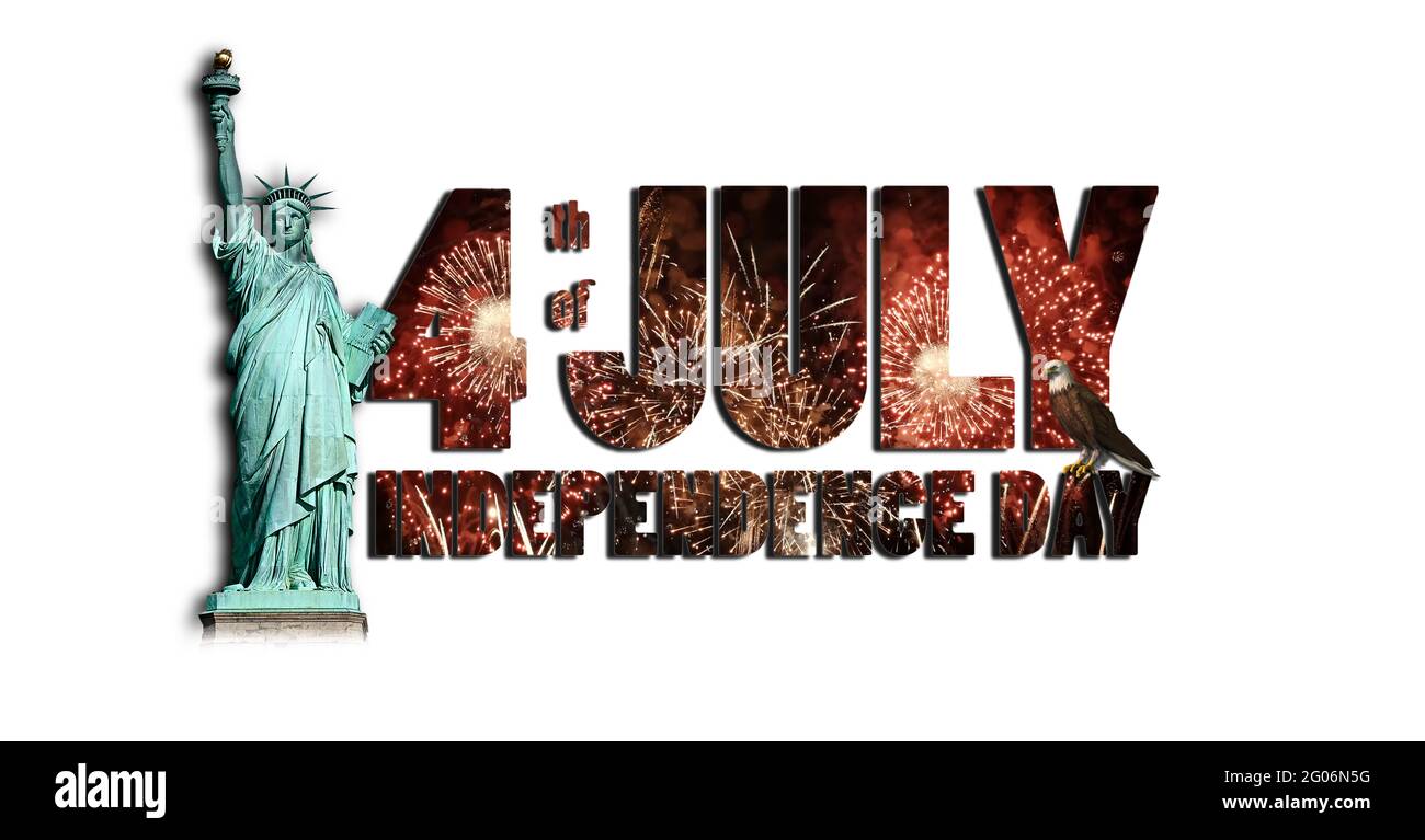 Text in Form eines festlichen Feuerwerks - 4. juli Unabhängigkeitstag - mit der Freiheitsstatue und einem Adler auf einem isolierten Brief auf einem Whit Stockfoto