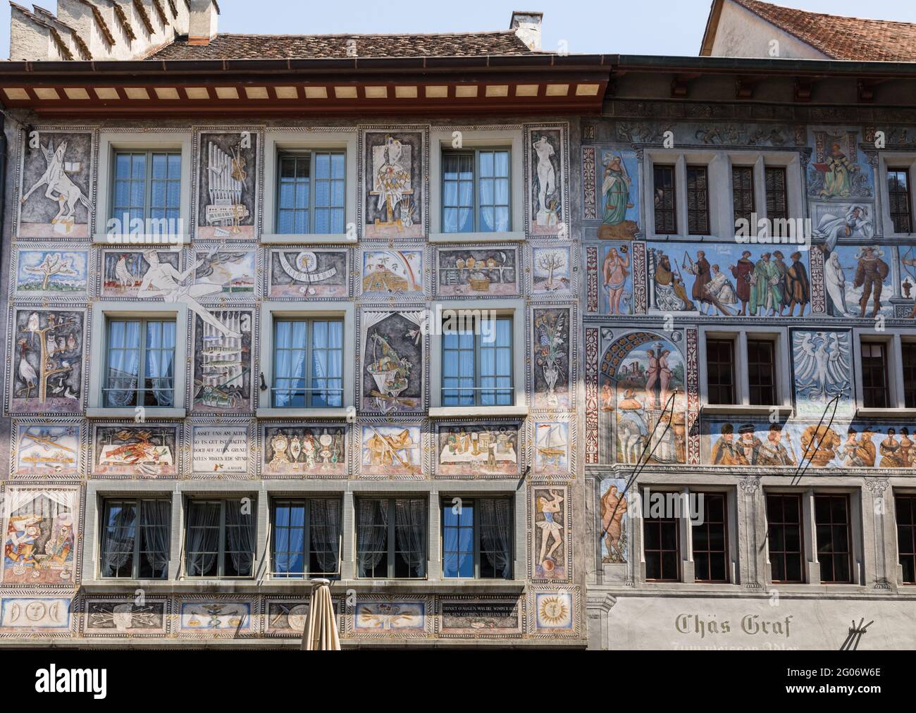 Alte handbemalte façades in Stein am Rhein, Schweiz Stockfoto