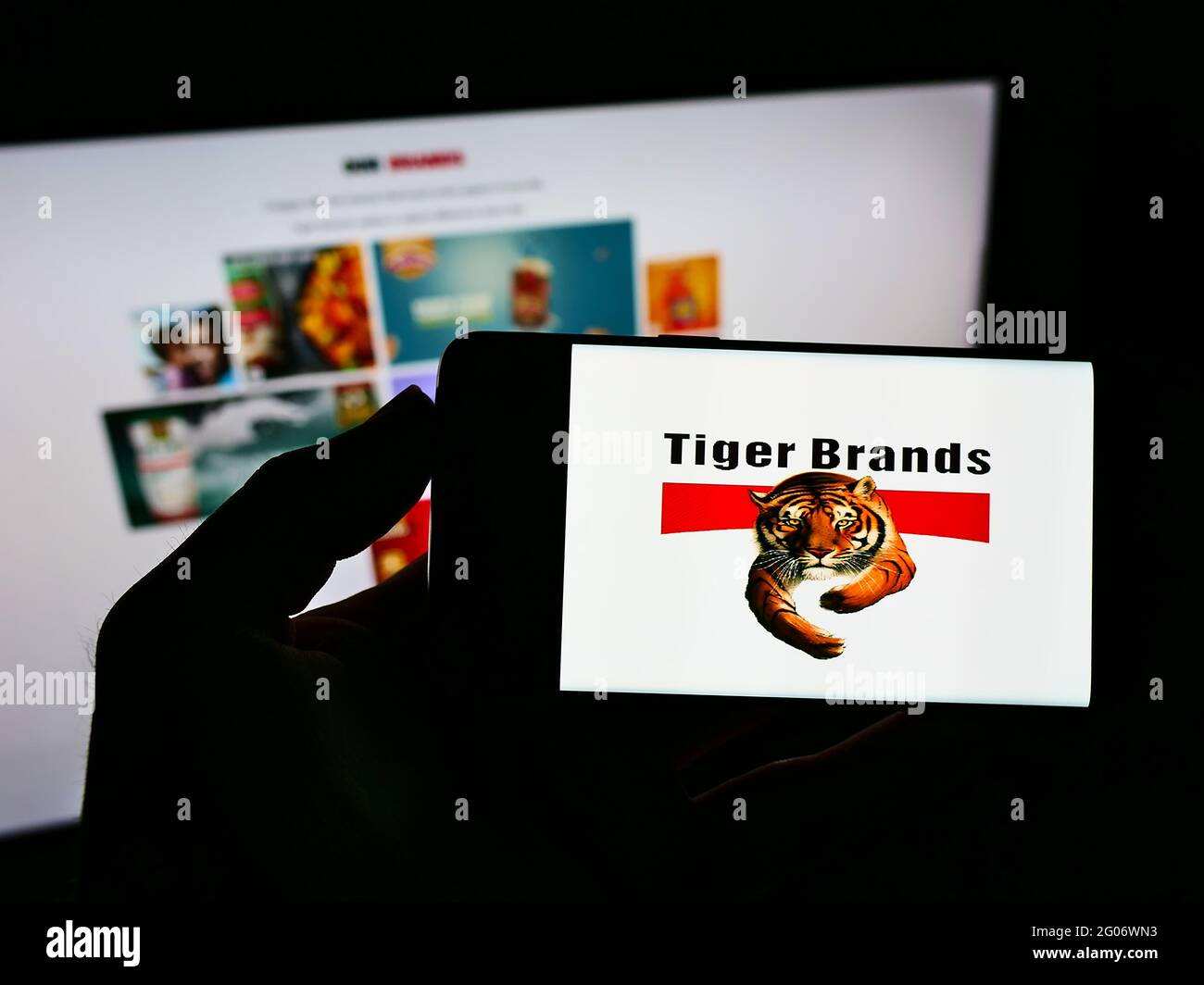 Person, die Smartphone mit dem Geschäftslogo des südafrikanischen Unternehmens Tiger Brands Limited auf dem Bildschirm vor der Webseite hält. Konzentrieren Sie sich auf die Telefonanzeige. Stockfoto