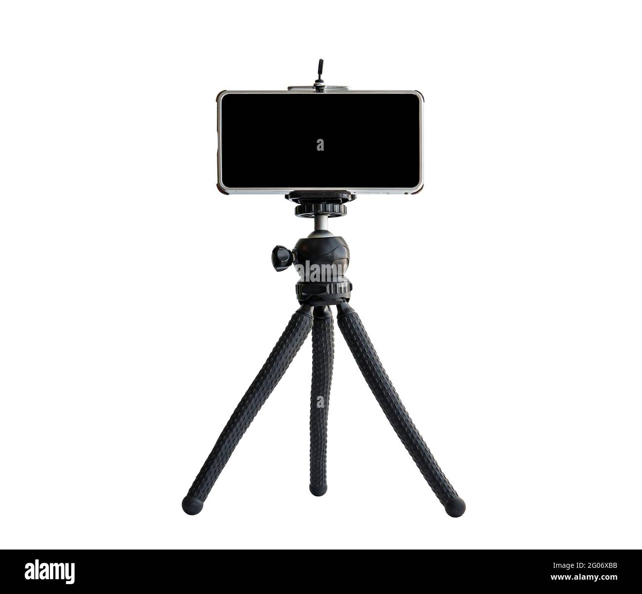 Smartphone isoliert auf Stativ mit weißem Hintergrund. Schwarzer Bildschirm. Platz zum Kopieren Stockfoto