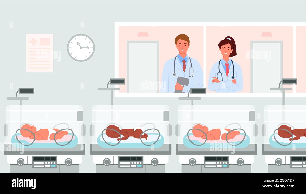 Cartoon-Arzt neonatologe, glückliche Elternfiguren stehen, Menschen suchen mit Liebe auf neugeborenen Baby Hintergrund. Krankenstation mit Frühgeborenes Stock Vektor