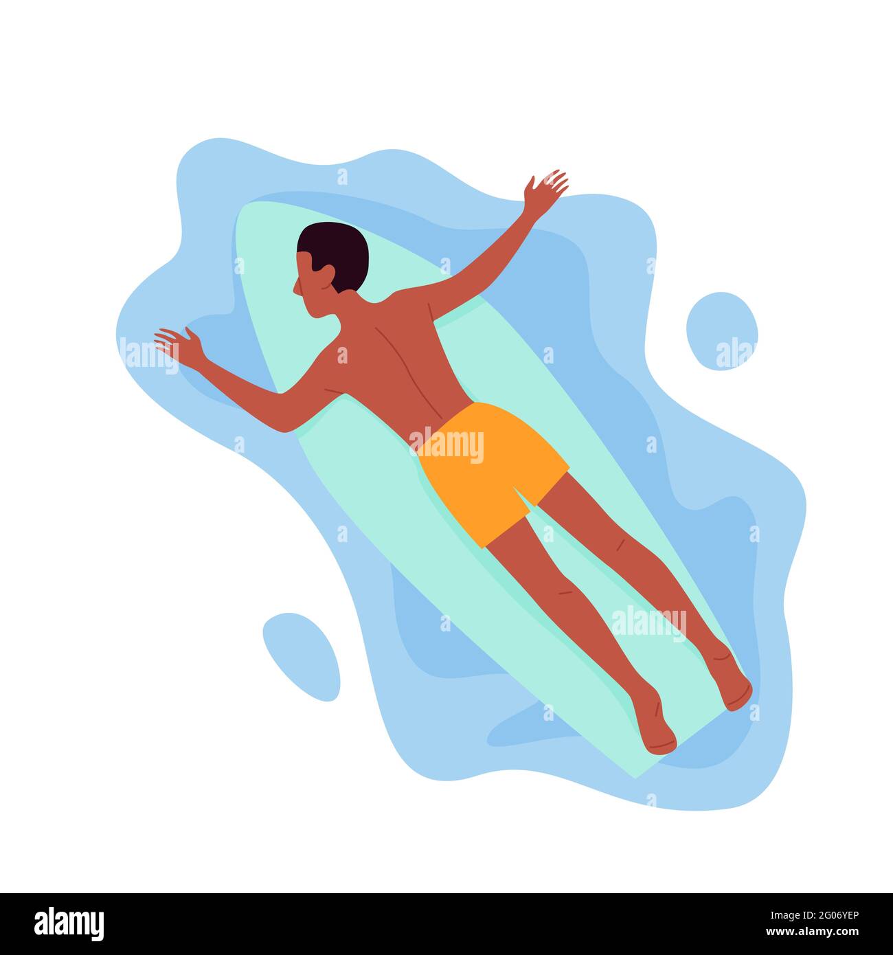 Surfer Mann schwimmt auf Surfbrett im Meer oder Meerwasser, schwimmt, liegt auf Surfbrett Stock Vektor