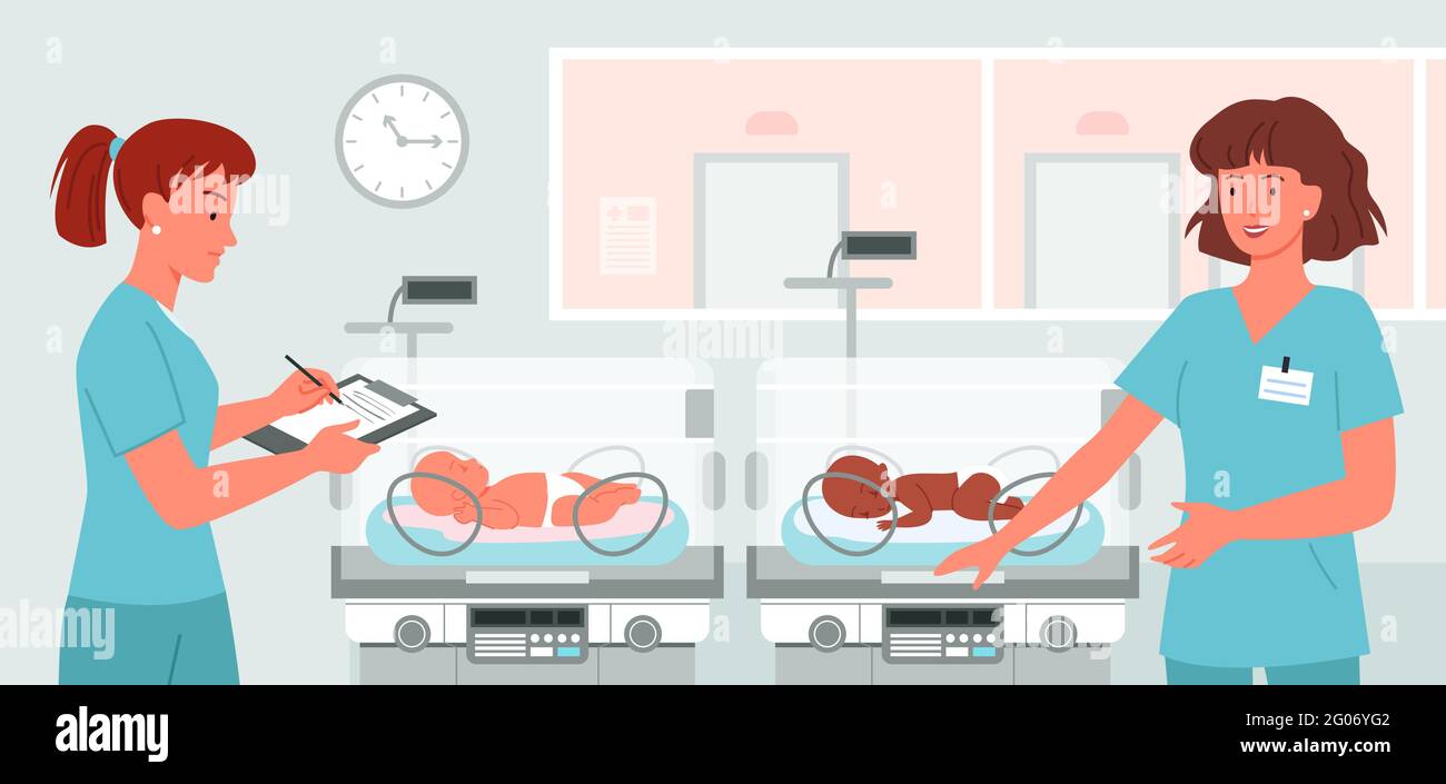 Cartoon-Arzt neonatologe auf neugeborenen Baby Hintergrund. Krankenhausabteilung mit Frühgeborenen-Inkubatoren, Frühgeburt Konzept, kinde Krankenschwestern kümmern sich um Stock Vektor
