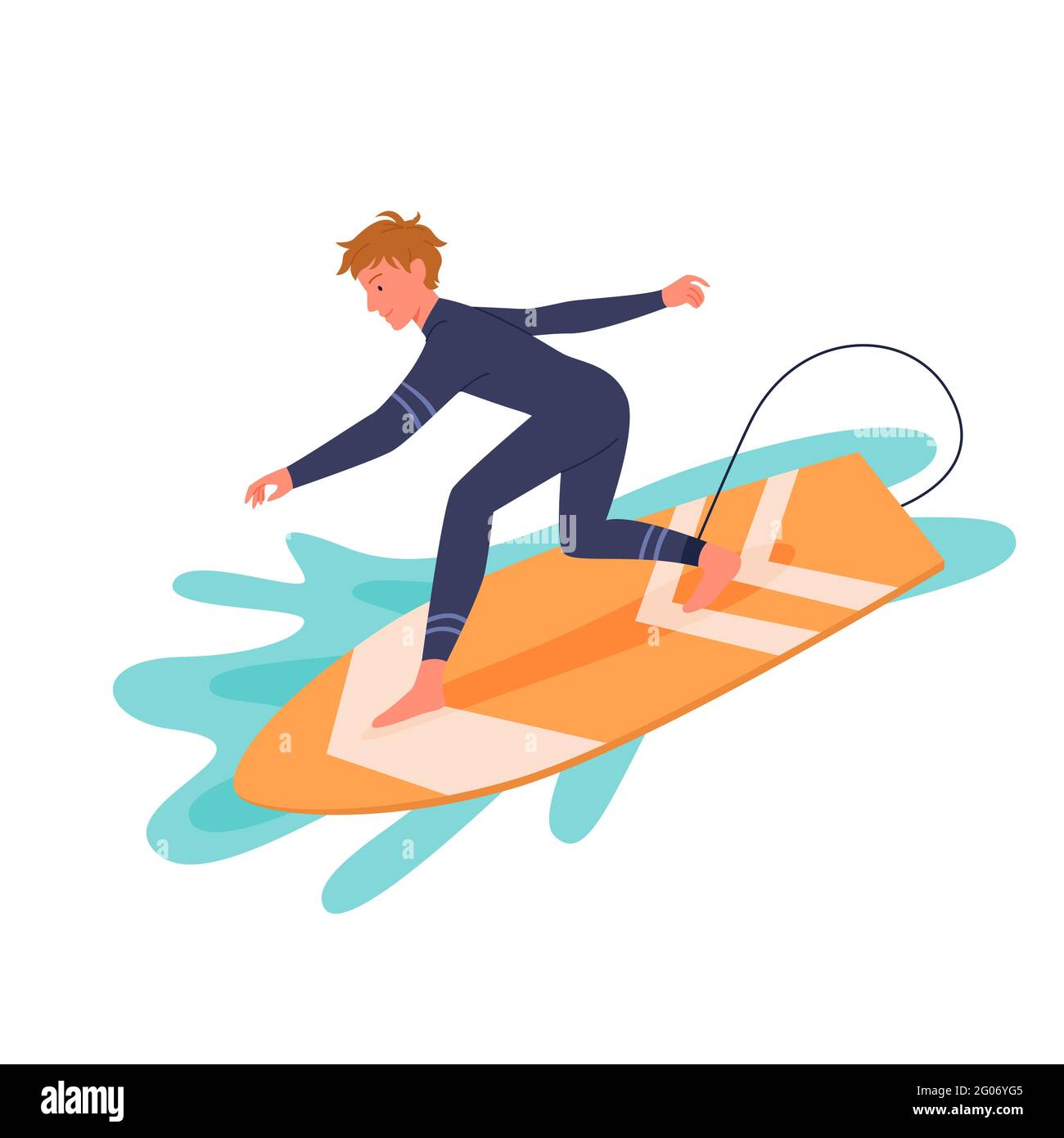 Surfmann im Neoprenanzug am Surfbrett, aktiver, fröhlicher junger Surfer, der die Meereswelle fängt Stock Vektor