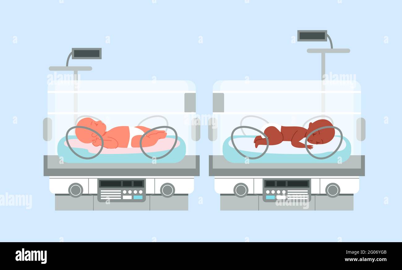 Inkubator für Frühgeborene mit Säuglingen, neonatale Intensivtherapie, geräte für neonatologen Stock Vektor