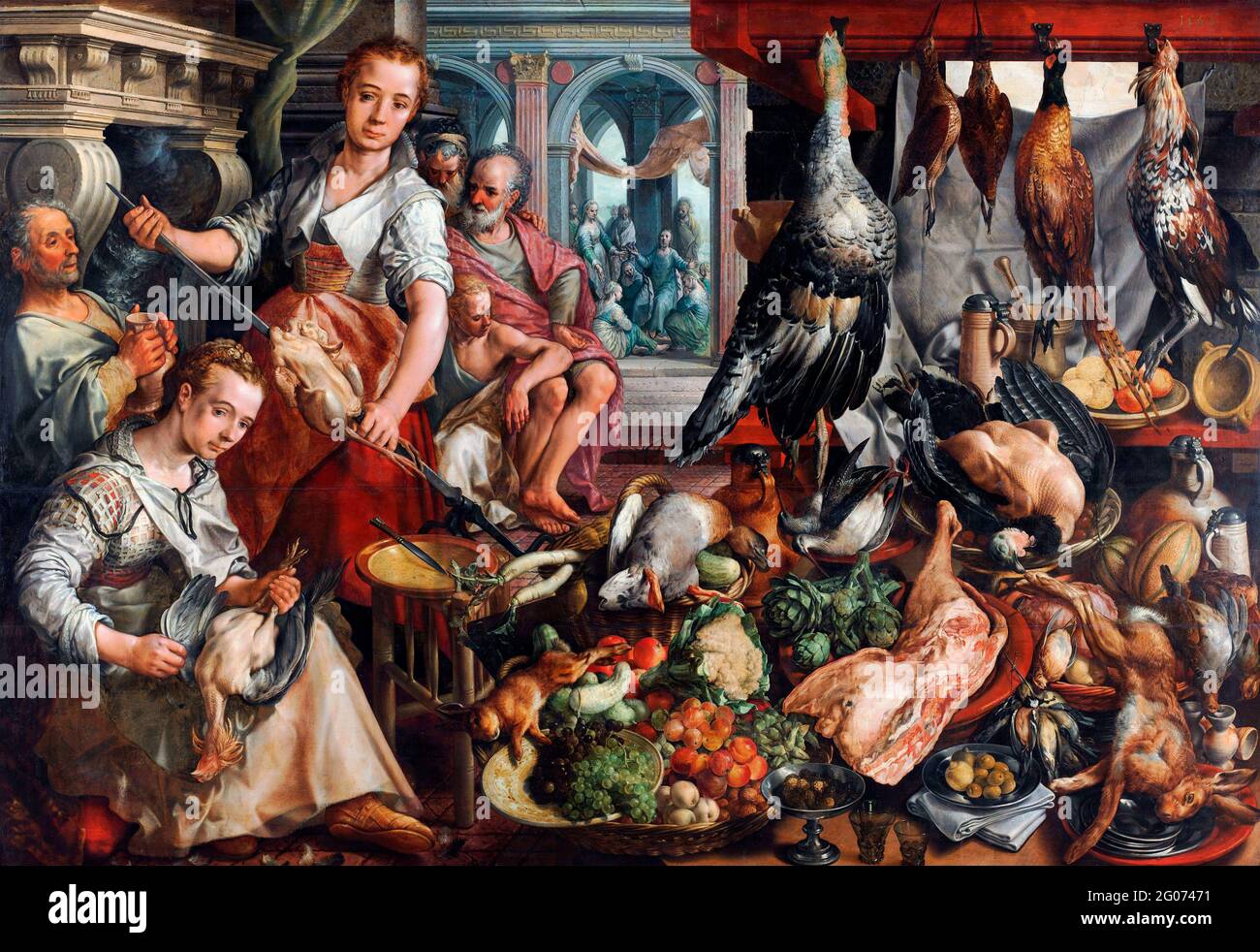 Die gut ausgestattete Küche, mit Jesus im Haus von Martha und Maria im Hintergrund von Joachim Bueckelaer (c. 1533-c. 1570/4), Öl auf Platte, 1566 Stockfoto