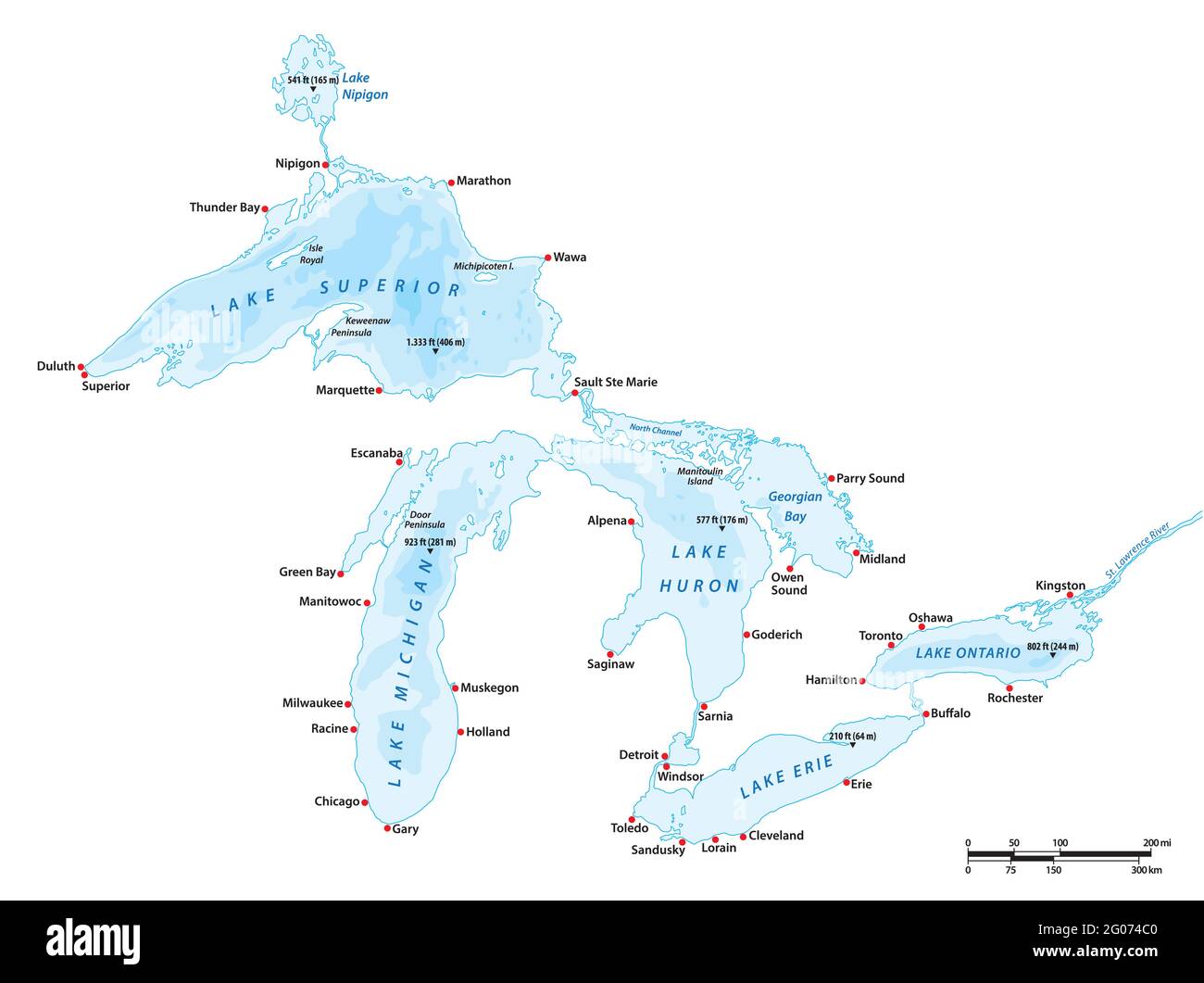vektorkarte der Großen Seen, USA, Kanada Stock Vektor