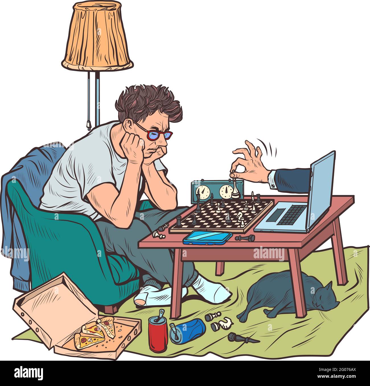 Online-Schachspiel in der Zeit der Quarantäne und Isolation Stock Vektor