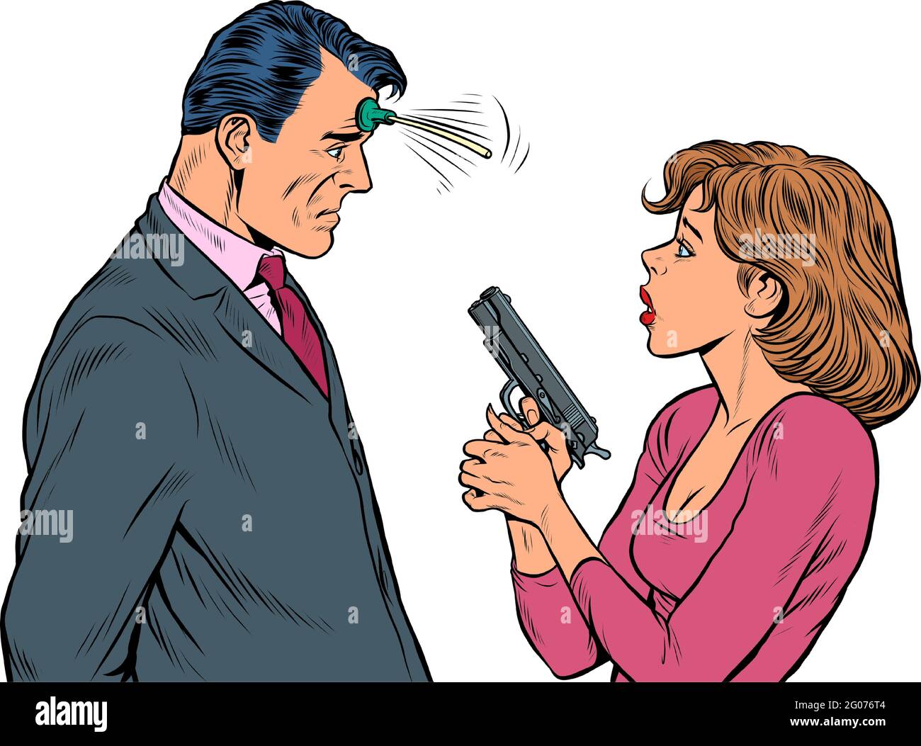 Die Frau zeigte die Pistole Saugnapf Witz auf den Mann. Spione, Agenten und Detektive Stock Vektor