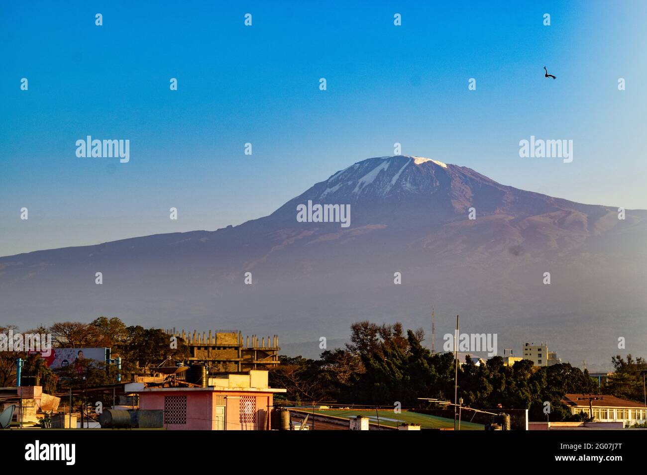 Panoramablick auf den Kilimanjaro von der Stadt Moshi, Tansania Stockfoto