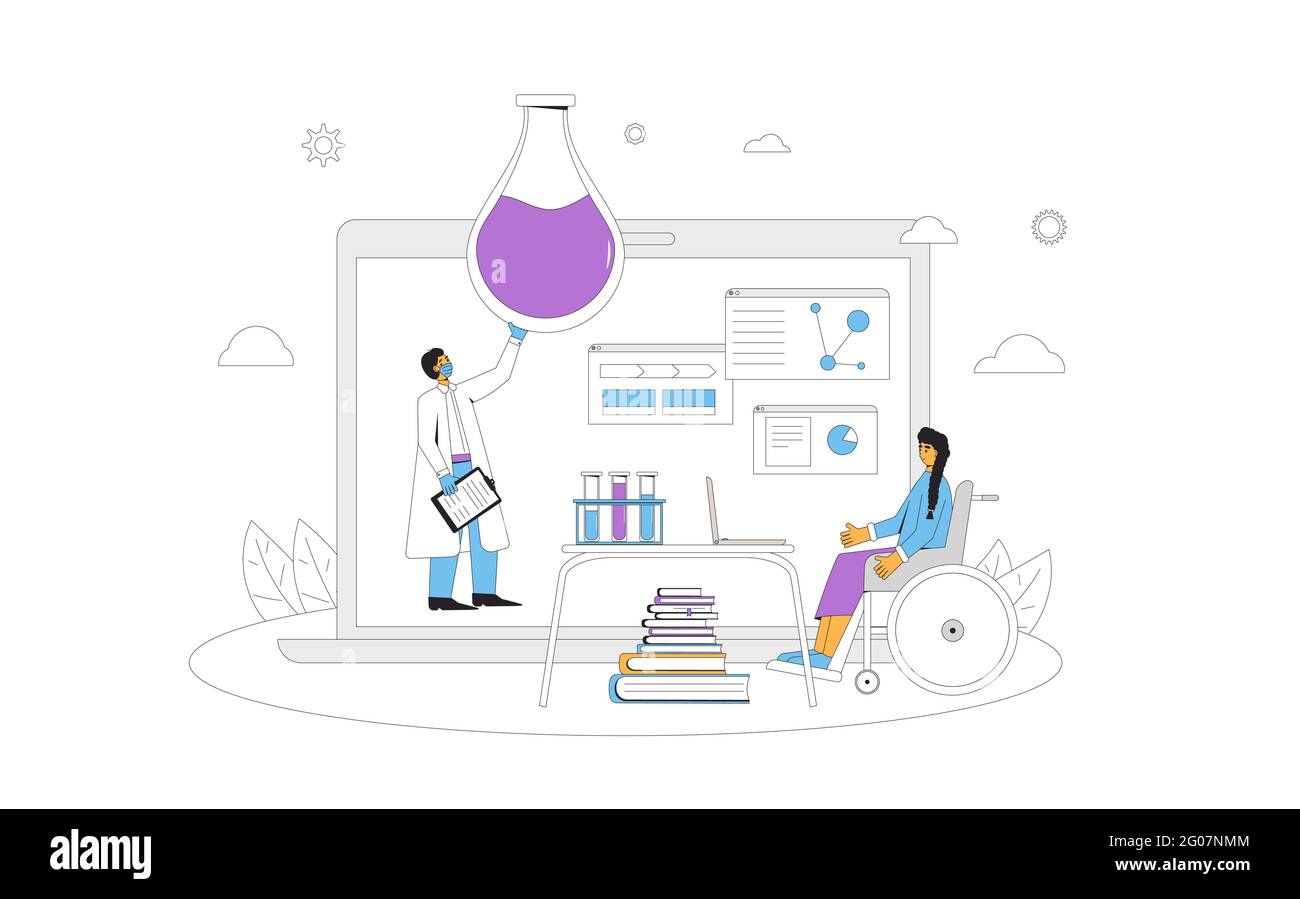 Online-Chemie-Einschluss-Lektion oder Reserch. Digitales Lernen. Die junge Lehrerin zeigt die chemischen Erfahrungen auf dem Computerbildschirm. Internet-Webinar oder o Stock Vektor