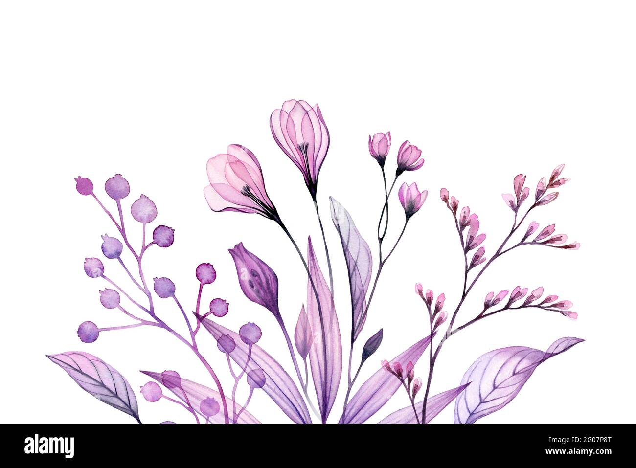 Aquarell florale Komposition. Handgemaltes Kunstwerk mit transparenten Krokusblüten und Ästen. Abstrakte botanische Illustration für Karten, Hochzeit Stockfoto