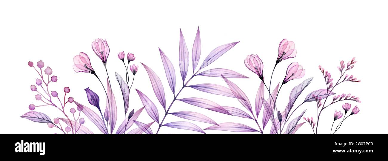 Aquarell floraler Rand. Handbemalte horizontale Kunstwerke mit transparenten Frühlingsblumen und tropischem Zweig. Abstrakte botanische Illustration für Stockfoto