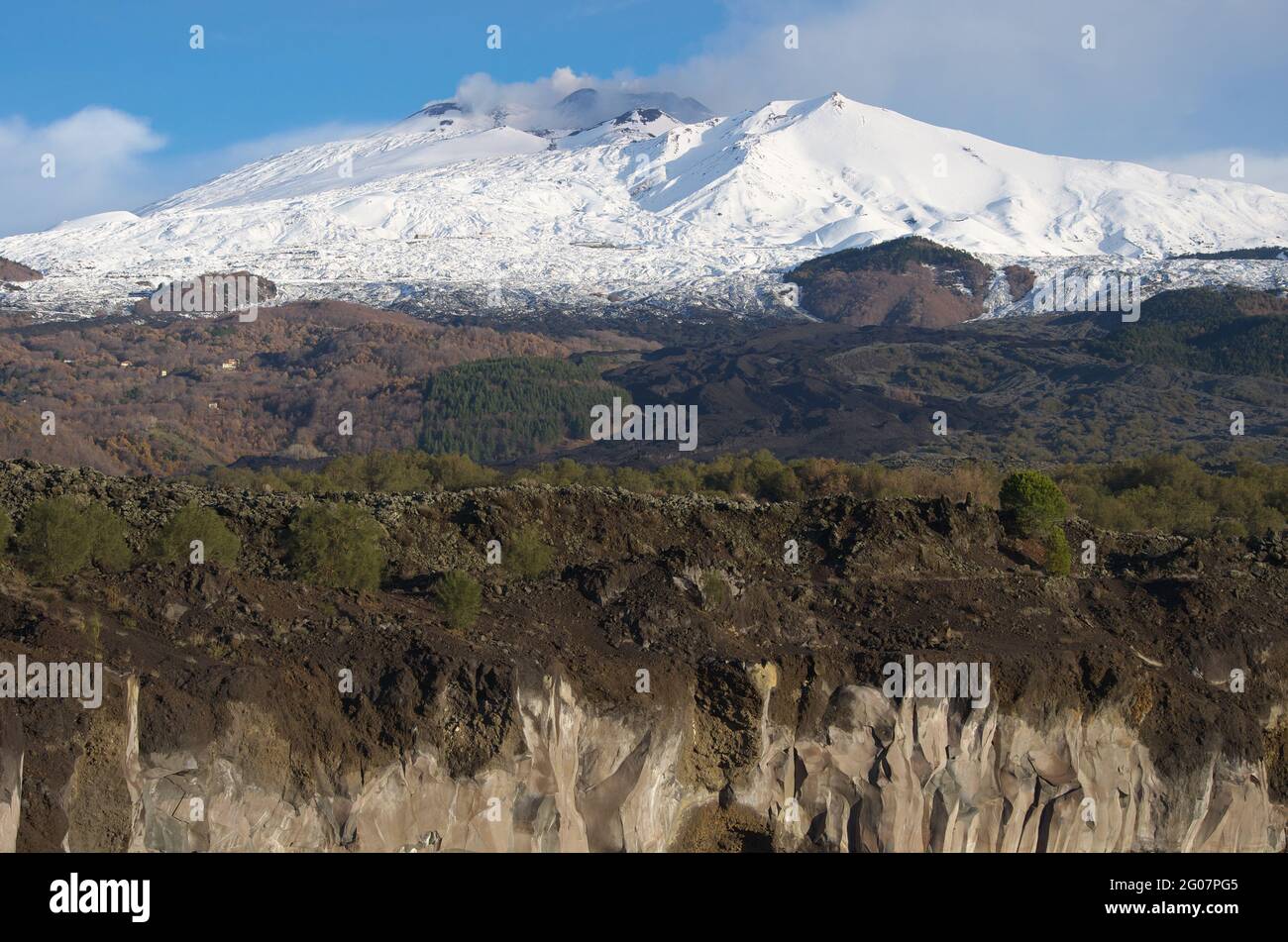 Schneebedeckter Ätna Berglandschaft in Sizilien Wahrzeichen der Natur Rauchwolken von Gipfelkratern Stockfoto