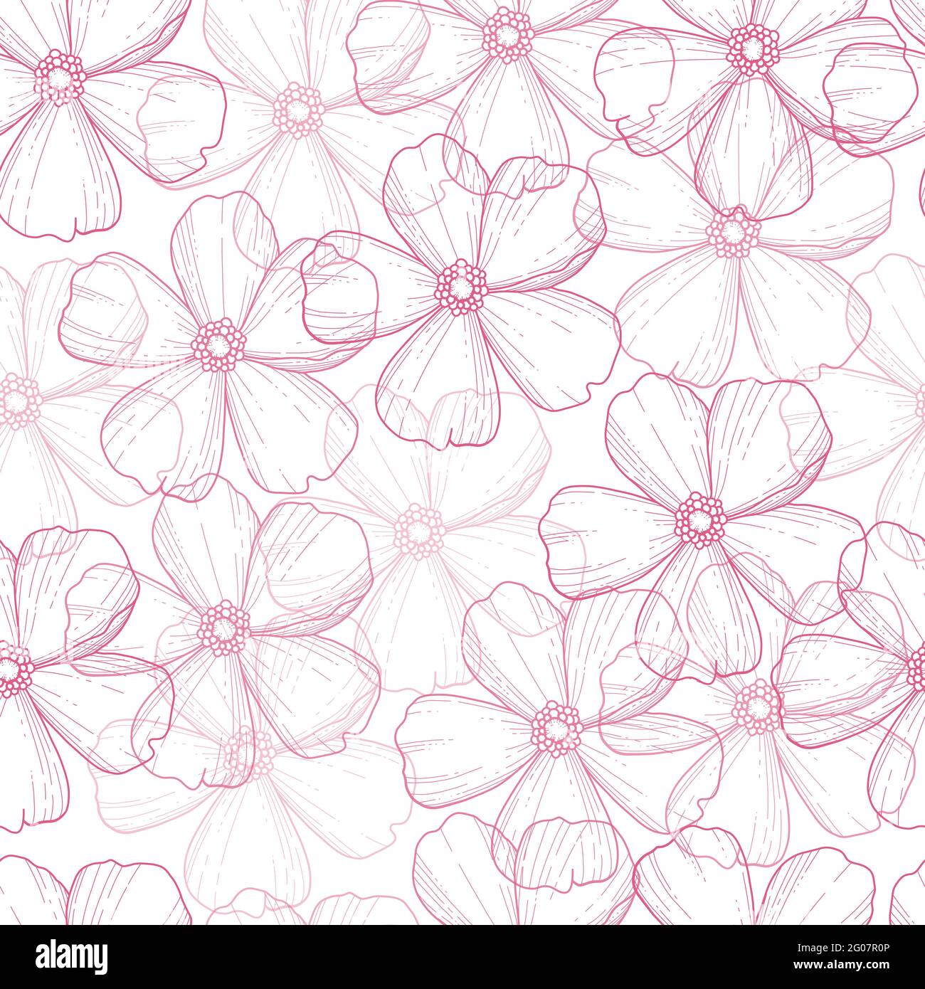 Vektor nahtloses Muster mit handgezeichneten Zweigen und Sakura Blumen auf weißem Hintergrund. Kirschblüten. Hochzeitsmuster, Blumenmuster zum Bedrucken Stock Vektor