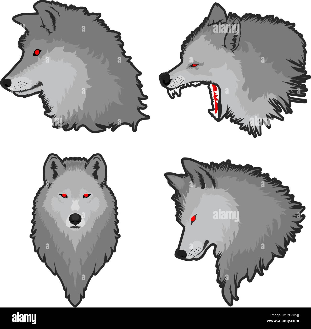 Kopf Wolf isoliert, Aufkleber, Druck oder Tattoo Design Vektor Illustration. Wolf Maskottchen Kopf Vektor Cartoon Stock Vektor