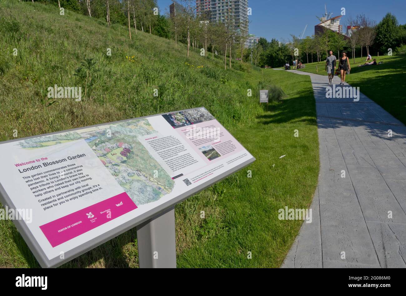 Blick auf den London Blossom Garden, im Queen Elizabeth Olympic Park, ein lebendiges Denkmal zur Erinnerung an die gemeinsame Erfahrung der Stadt mit dem Coronavi Stockfoto