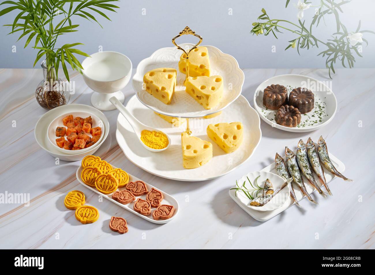 Gelber Käse und Kekse auf einem Tisch Stockfoto