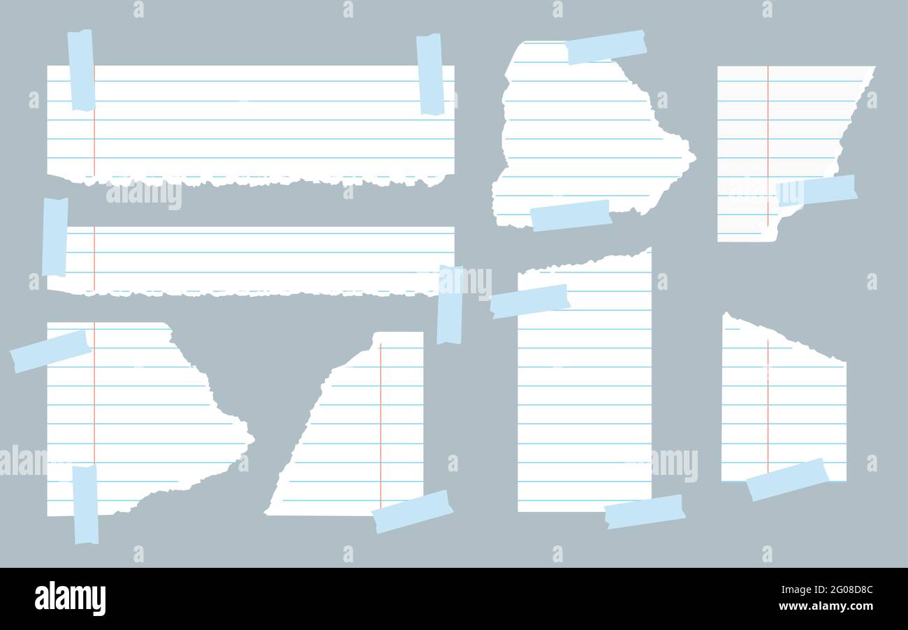 Stücke von abgerissenen weiß gefütterten Notizbuch Papier verschiedene Formen mit Klebeband. Zerrissene Papierschablonen mit ausgefranster Kante für Reste, Erinnerungen, Schulnoten. Vektorgrafik auf grauem Hintergrund Stock Vektor