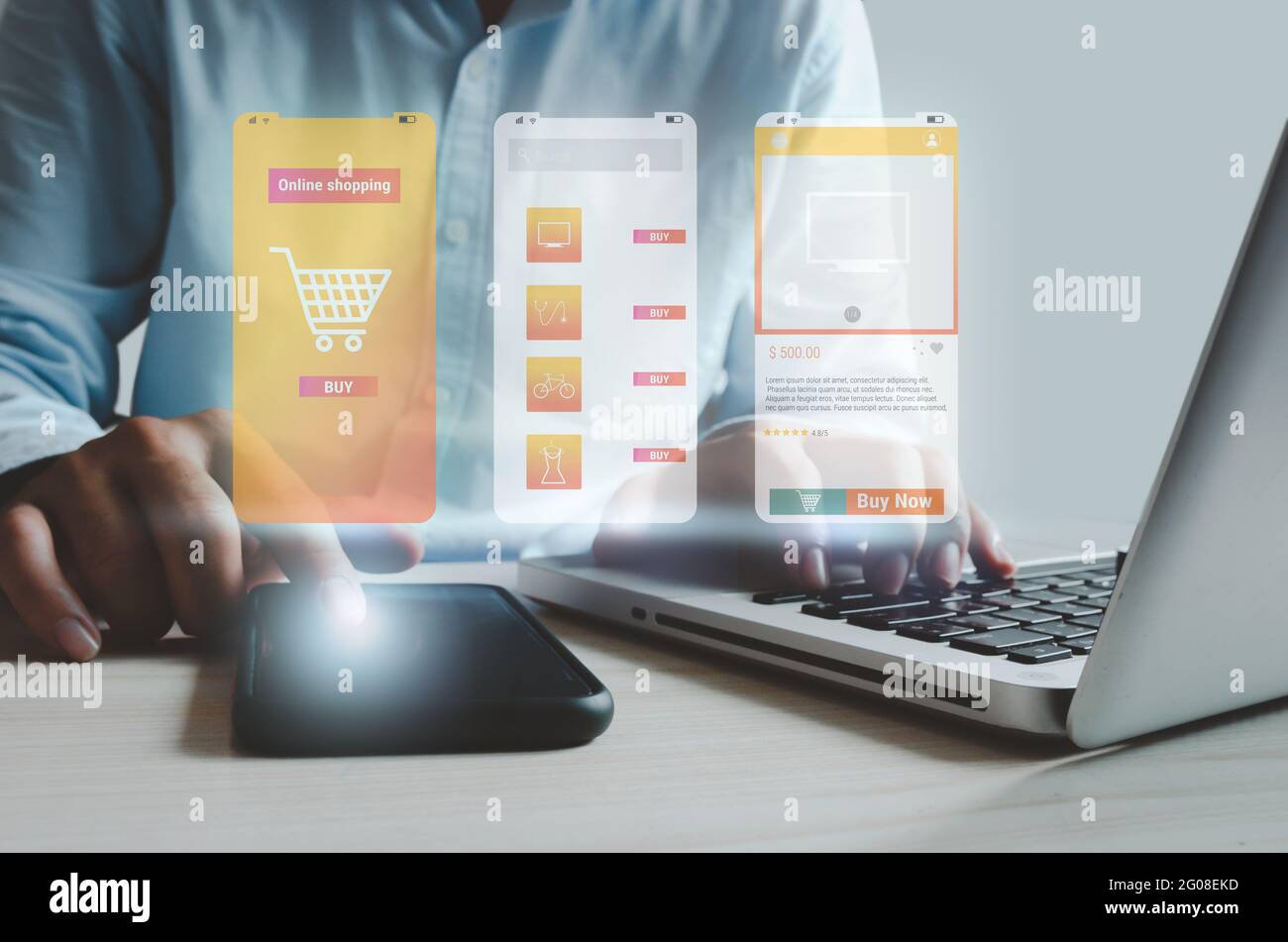 Mann Hand berühren Handy-Anwendung Benutzeroberfläche auf einem Smartphone digitalen Marketing Online-Shopping. Stockfoto