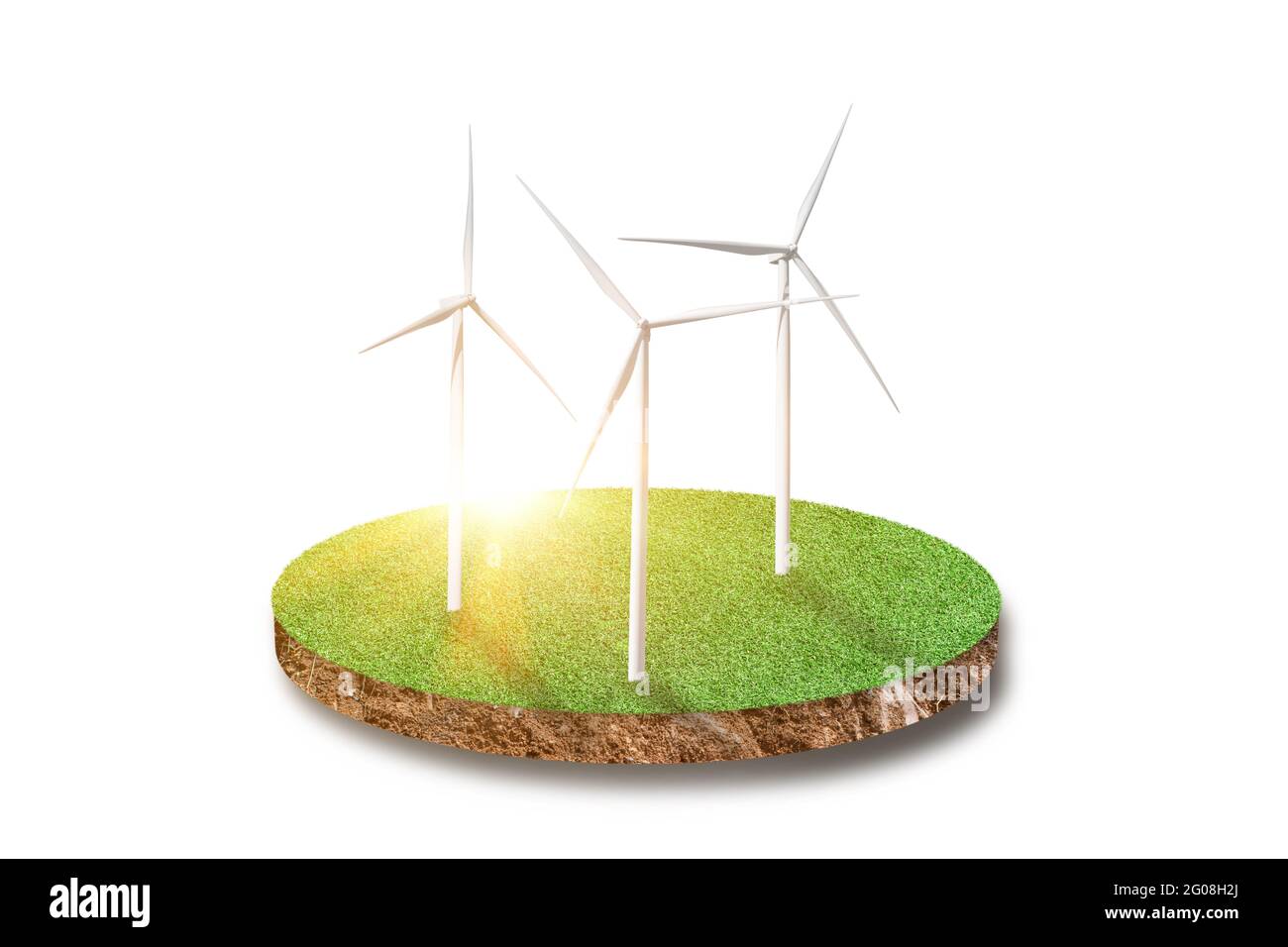 Querschnitt Boden von grünem Gras Feld mit Windturbine isoliert auf weiß Stockfoto