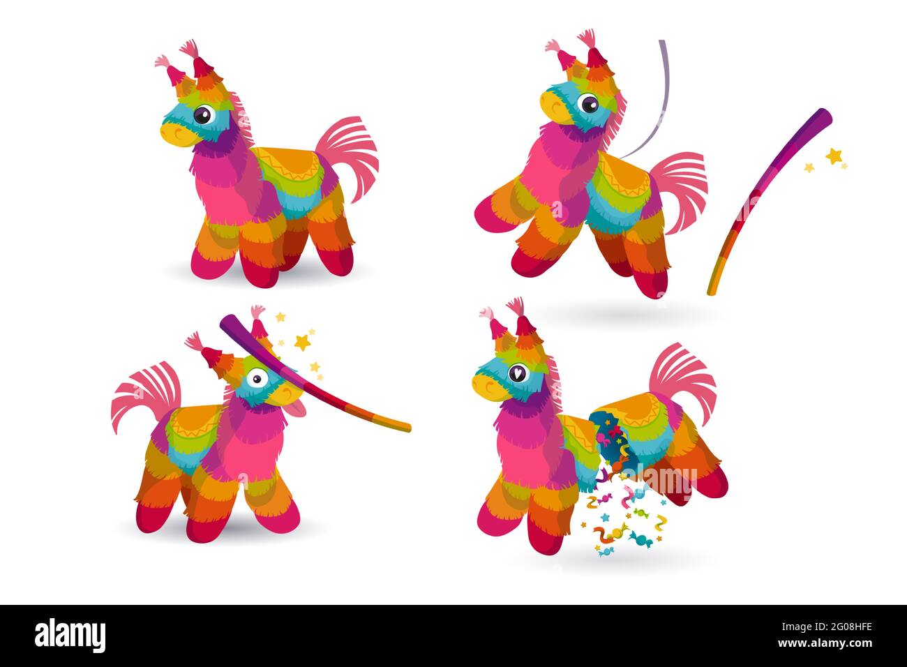 Pinata und Stick für Geburtstagsfeier, mexikanischen Urlaub und Karneval. Lustiges Spielzeug aus Regenbogen Krepppapier mit Süßigkeiten oder Überraschung im Inneren. Vektor-Cartoon-Ikonen der lustigen Pinata in Form von Esel Stock Vektor