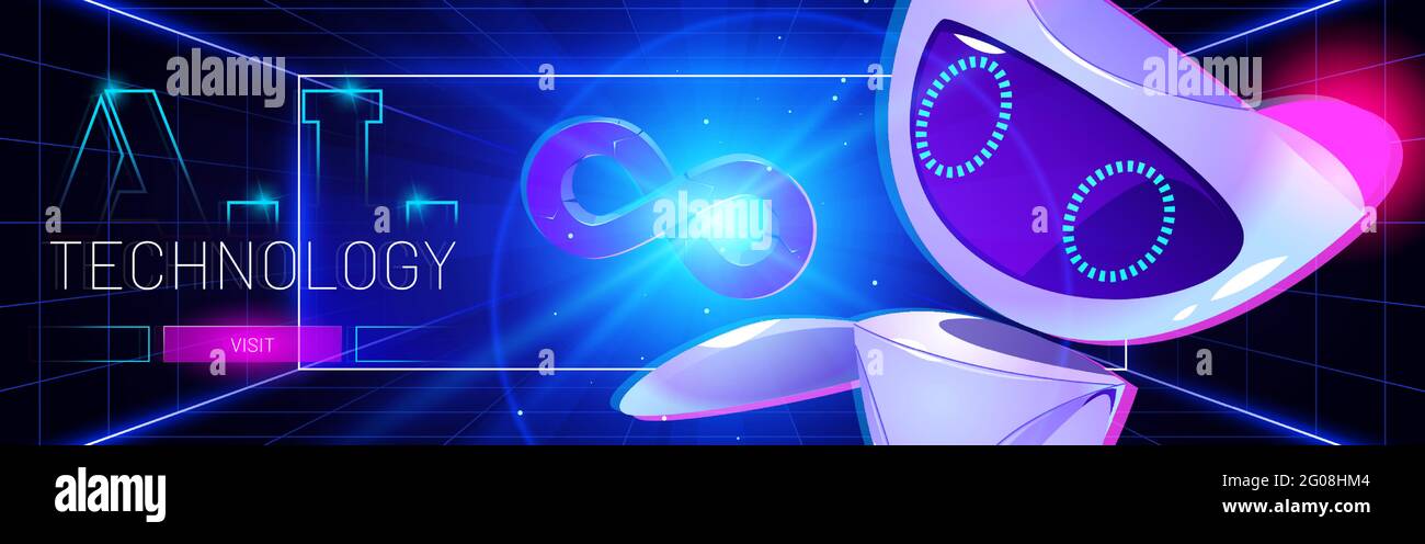 Technologie Cartoon Web-Banner, künstliche Intelligenz Roboter auf neon leuchtenden hud technologischen Hintergrund mit Unendlichkeit Symbol. Futuristisches ai Cyborg oder Droid, Robotik und Automation Vector Konzept Stock Vektor