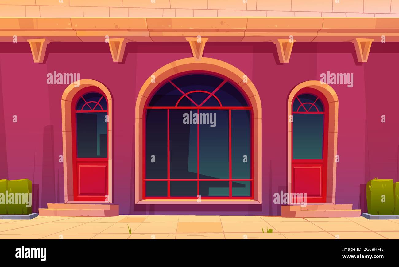 Ladenfront mit Glastüren und Bogenfenster in der alten Gebäudefassade. Vektor-Cartoon-Illustration des Hauses außen mit Schaufenster von Vintage-Shop, Boutique, Markt oder Restaurant Stock Vektor