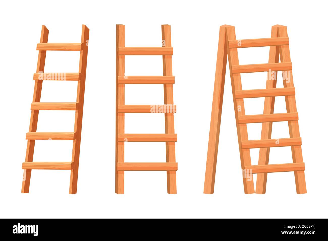 Set Holzleiter in flachen Cartoon-Stil isoliert auf weißem Hintergrund. Haushaltsgeräte, tragbare Treppen. Werkzeug, Symbol. Vektorgrafik Stock Vektor