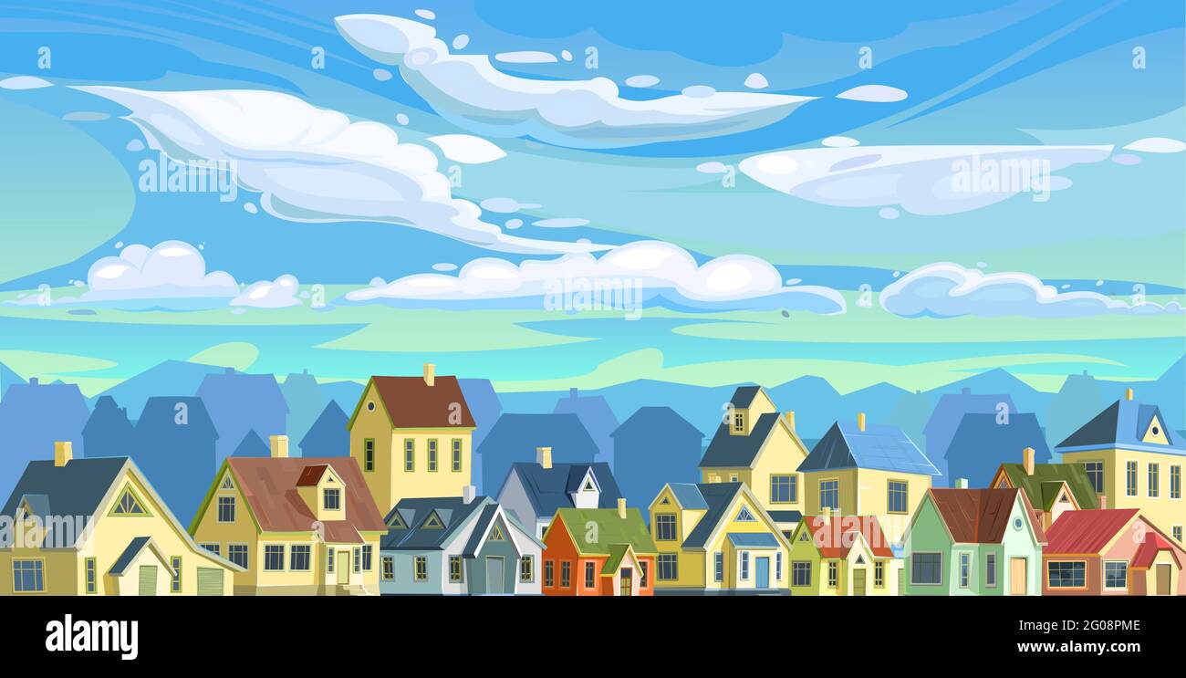 Ein Dorf oder eine kleine ländliche Stadt. Kleine Häuser. Straße in einem fröhlichen Cartoon-flachen Stil. Kleine gemütliche Vorstadthäuser mit Himmel. Vektor. Kunst Stock Vektor