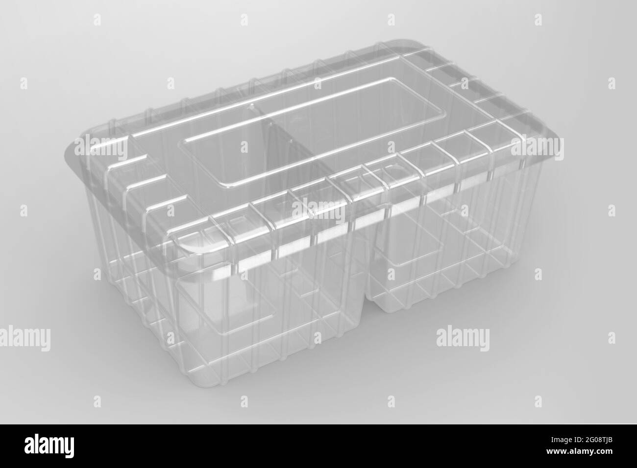 3D Rendering ein leeres transparentes zwei-Kammer-Container isoliert auf weißem Hintergrund . Fit für Ihr Design-Projekt. Stockfoto