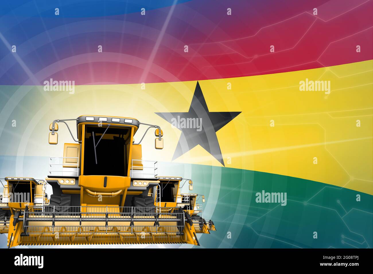 Modernisierungskonzept für Landmaschinen, gelb moderner Weizen Mähdrescher auf Ghana Flagge - digitale industrielle 3D-Illustration Stockfoto