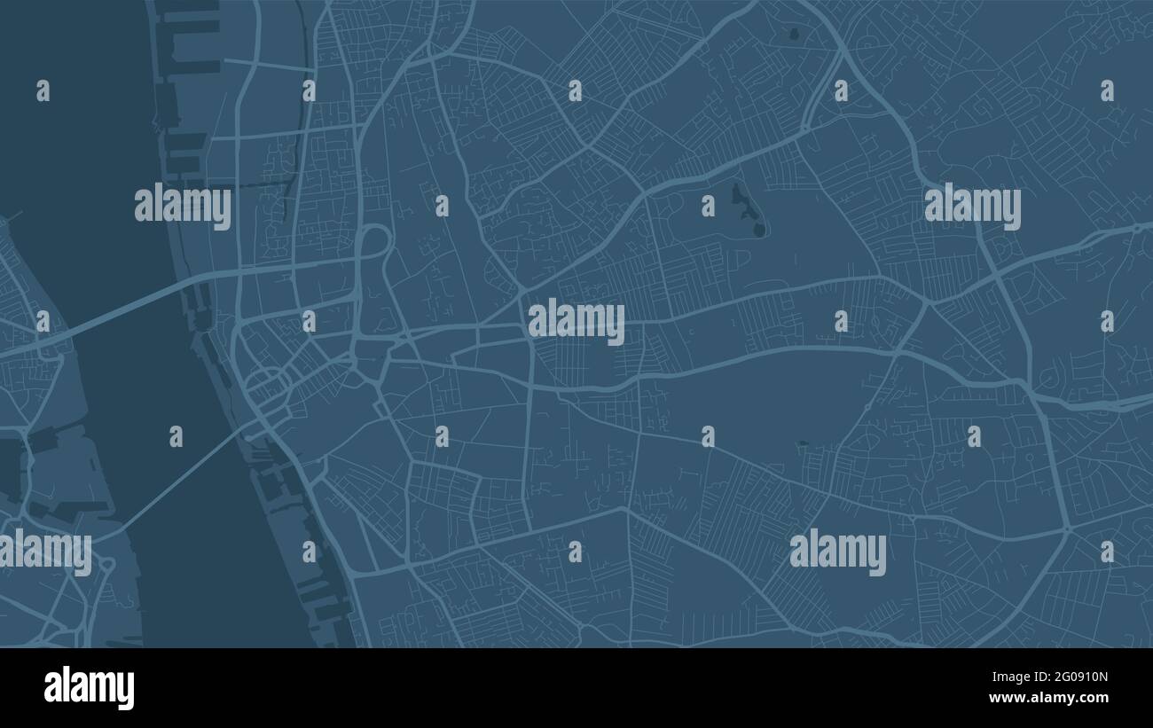 Blue Liverpool Stadtgebiet Vektor Hintergrundkarte, Straßen und Wasser Kartographie Illustration. Breitbild-Proportion, digitale Flat-Design-Streetmap. Stock Vektor