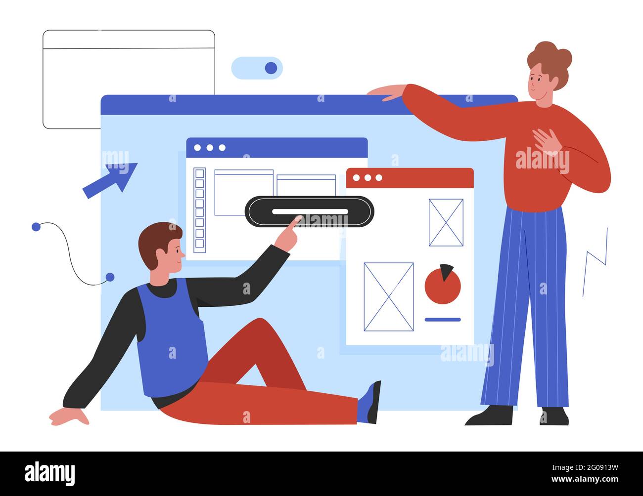 Web-Design-Entwicklung, Website-Projekt Prozess Schaffung Vektor Illustration. Cartoon-Mann Entwickler Designer-Charaktere erstellen digitale Anwendung, arbeiten auf der Baustelle Bau zusammen isoliert auf weiß Stock Vektor