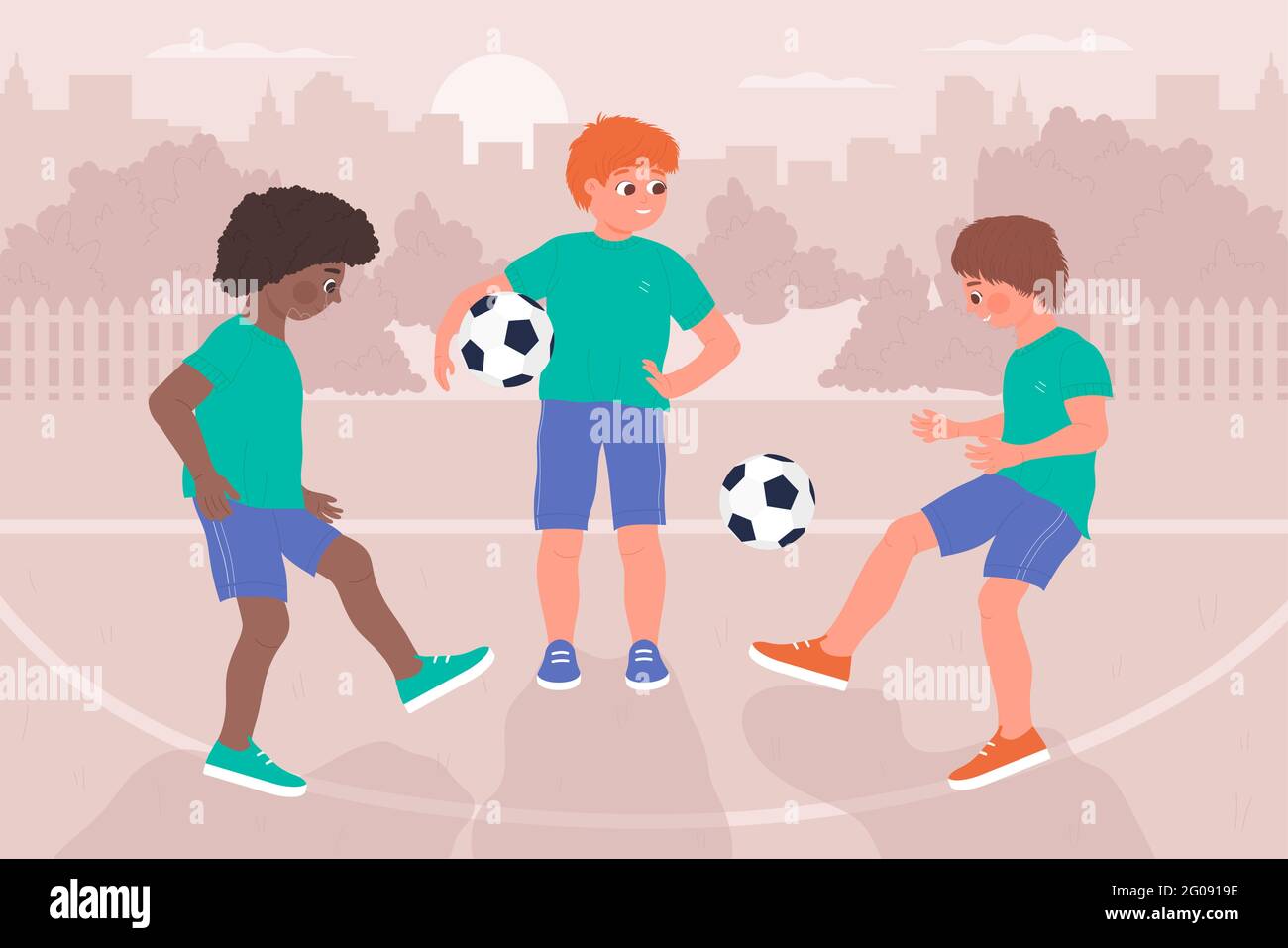 Kinder spielen Ball, Fußball gesund Sport Aktivität Vektor Illustration. Cartoon glückliche Spieler Charaktere haben Spaß, lustige Jungen Kinder Fußball spielen zusammen auf dem Sportplatz im Schulhof Hintergrund Stock Vektor
