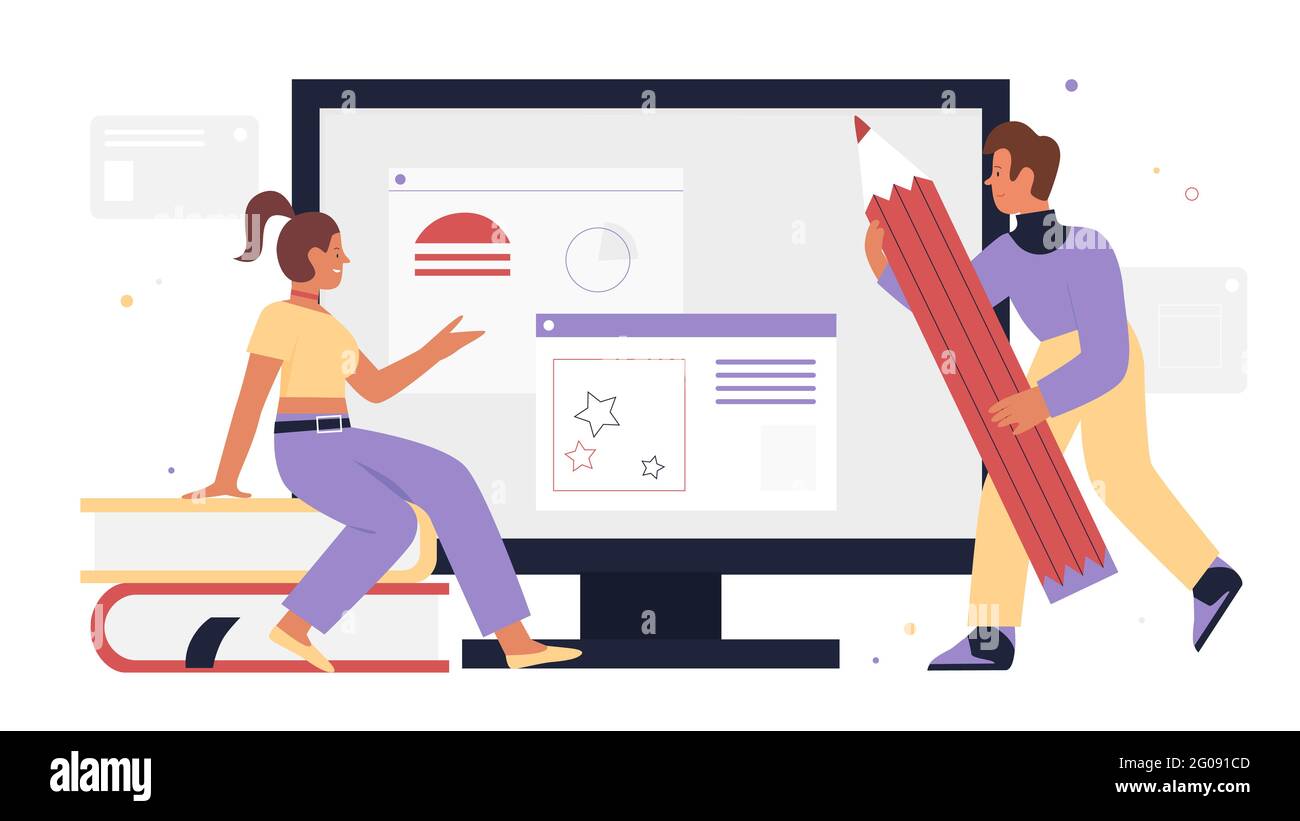 UI ux Design Web Entwicklung Vektor Illustration. Cartoon Frau Entwickler Charakter sitzt auf Büchern neben dem Computerbildschirm, Mann hält großen Bleistift, Arbeit auf Website-Anwendung isoliert auf weiß Stock Vektor