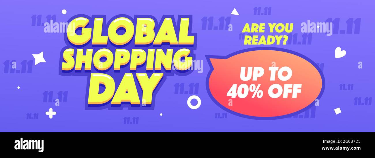 11.11 Global Shopping Sale horizontales Banner oder Promotion auf violettem Hintergrund. Vektorgrafik zum Online-Shopping. Stock Vektor