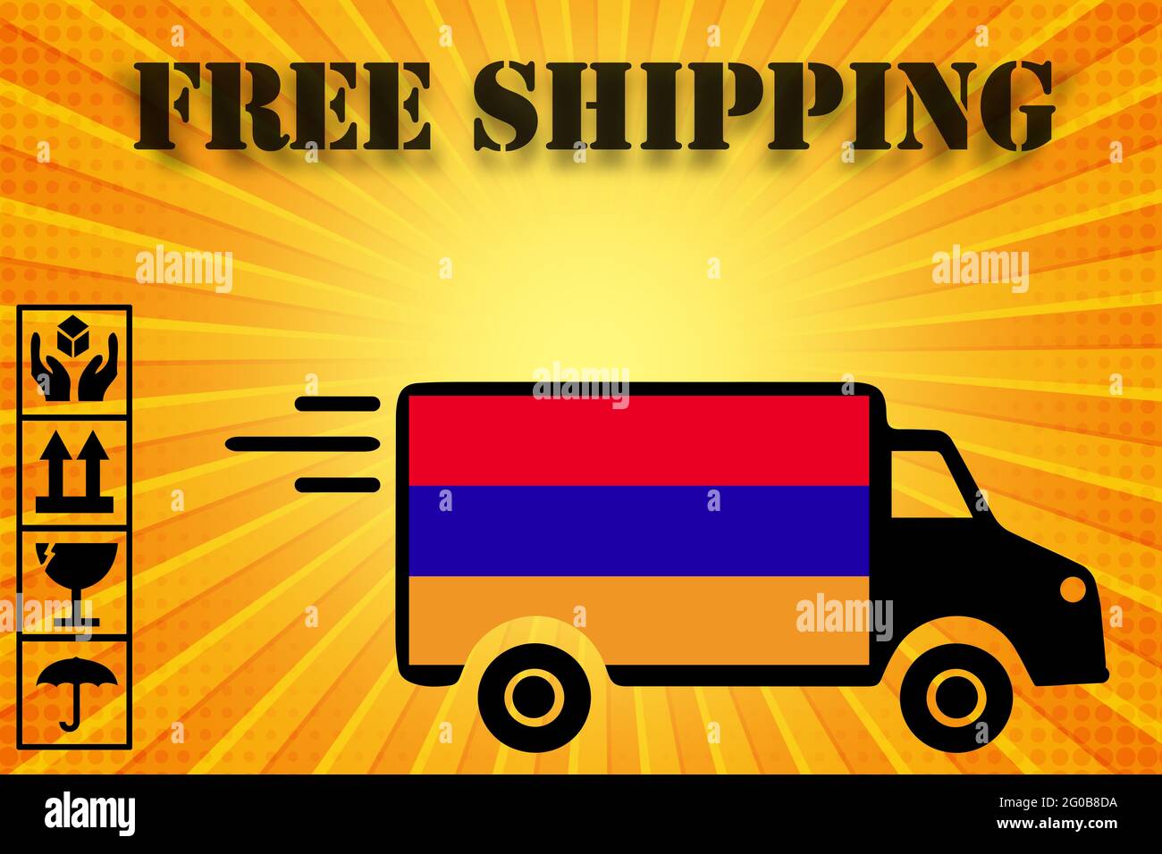 Armenien Logistik-Konzept. Schwarz Commercial Industrial Cargo Delivery Van Truck beladen mit Karton-Box mit kostenlosem Versand Zeichen gegen Armenien Flagge Stockfoto