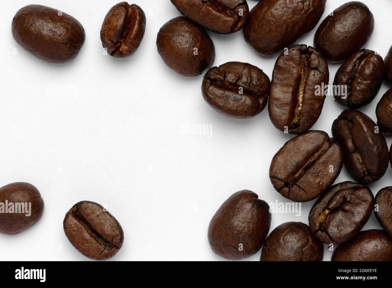 Geröstete Kaffeebohnen auf weißem Hintergrund mit Platz für Kopien. Stockfoto