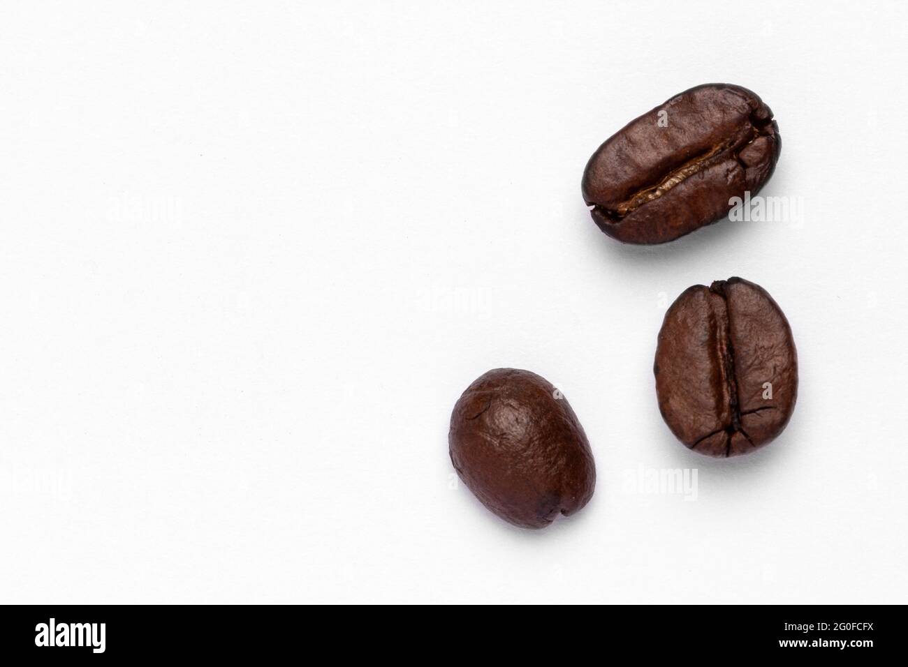 3 geröstete Kaffeebohnen isoliert auf weißem Hintergrund mit Platz für Kopien. Stockfoto