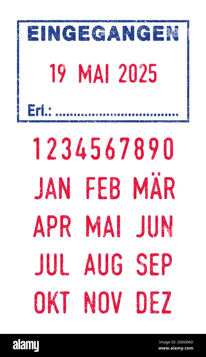 Vektordarstellung des deutschen Wortes Eingegangen (erhalten) in blauer Tuschestempel und editierbare Daten (Tag, Monat und Jahr) in roter Tuschestempel Stock Vektor