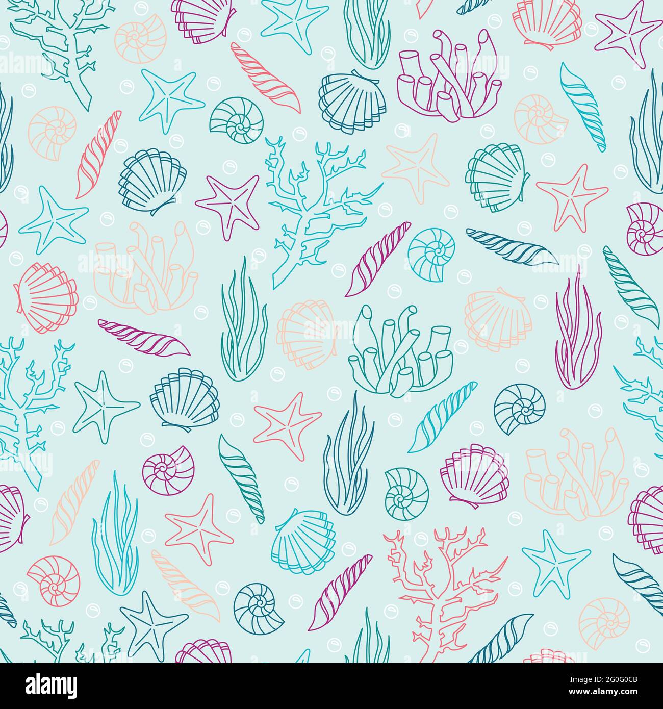 Seevektor nahtloser Hintergrund aus handgezeichneten Muscheln und Sternen. Nautisches Muster mit Schalentieren isoliert auf Weiß Stock Vektor