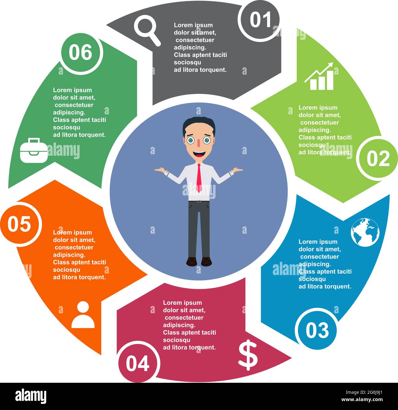 6 Schritt Vektorelement in sechs Farben mit Beschriftungen, Infografik-Diagramm. Geschäftskonzept von 6 Schritten oder Optionen mit Geschäftsmann . Stock Vektor