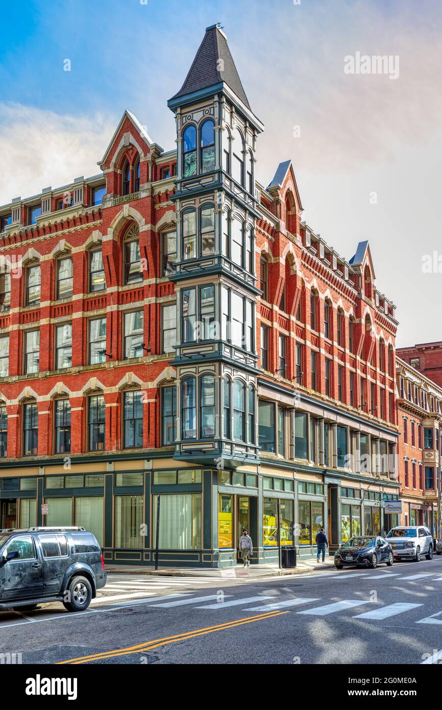 Slade's Building, 38 Washington Street, wurde 1881 im Hochviktorianischen gotischen Stil erbaut. Stockfoto