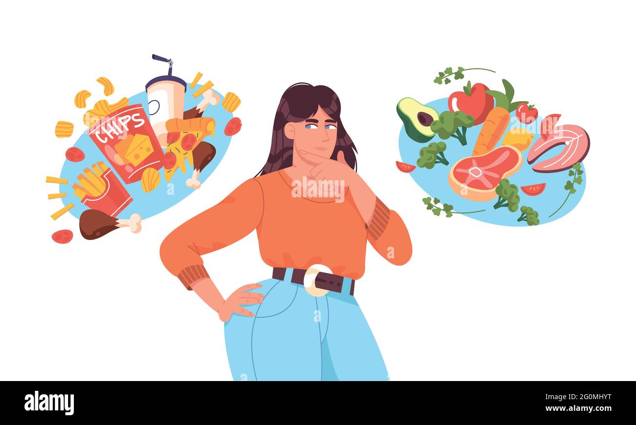 Fat Woman Wahl zwischen guten gesunden und schlechten ungesunden Lebensmitteln. Junk Food vs ausgewogene Menü Ernährung Vergleichskonzept. Weiblicher flacher Charakter, der über Ernährung, zusätzliche Kalorien oder Gewichtsverlust nachdenkt. Stock Vektor