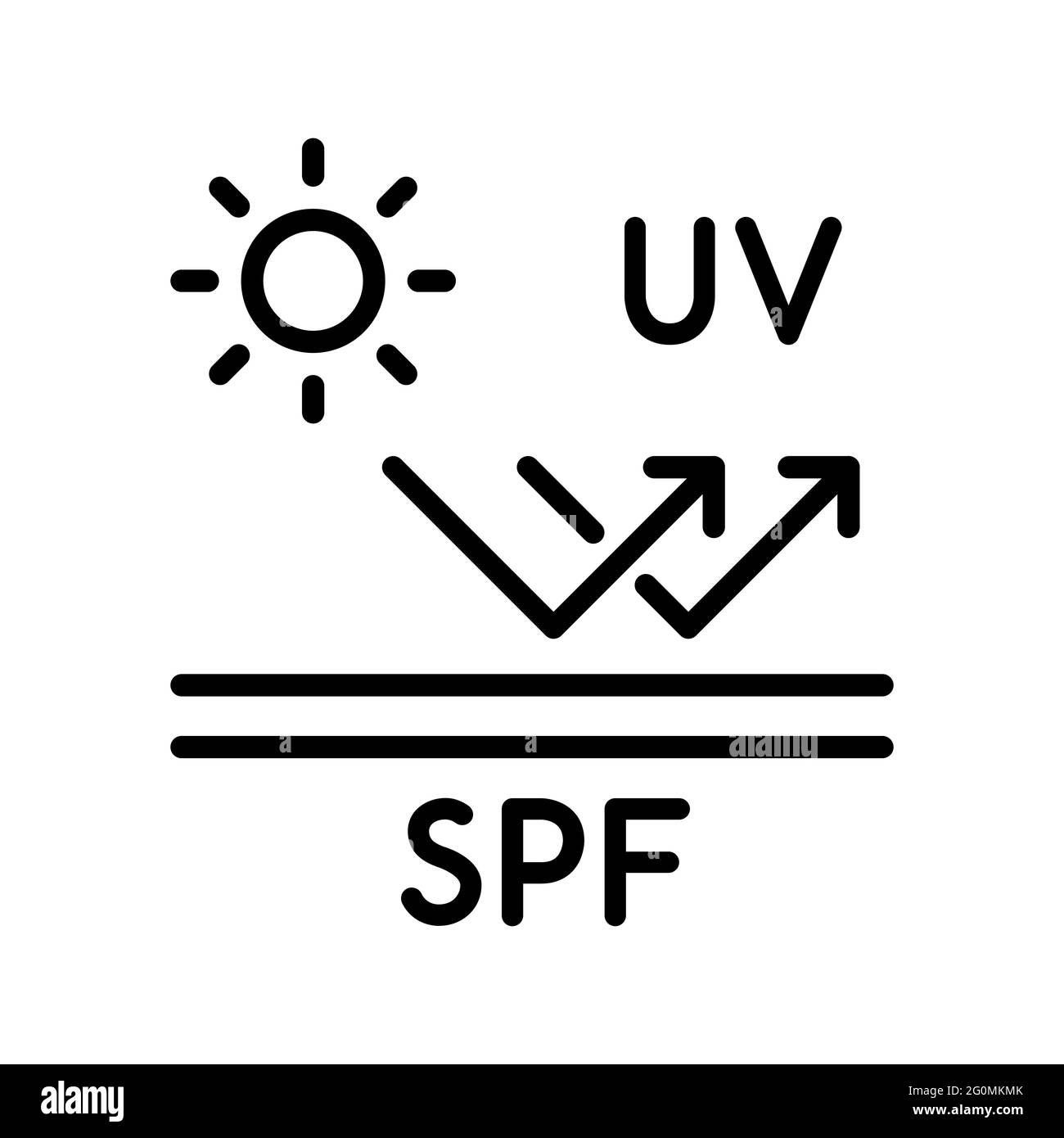 Konzept des Sonnenschutzfaktors. UV-Strahlen wirken auf die mit SPF-Sonnenschutzmitteln behandelte Haut. Sicherheitsidee von Sun. Zeilensymbol. UV-Lichteinwirkung. Vektor, flach Stock Vektor