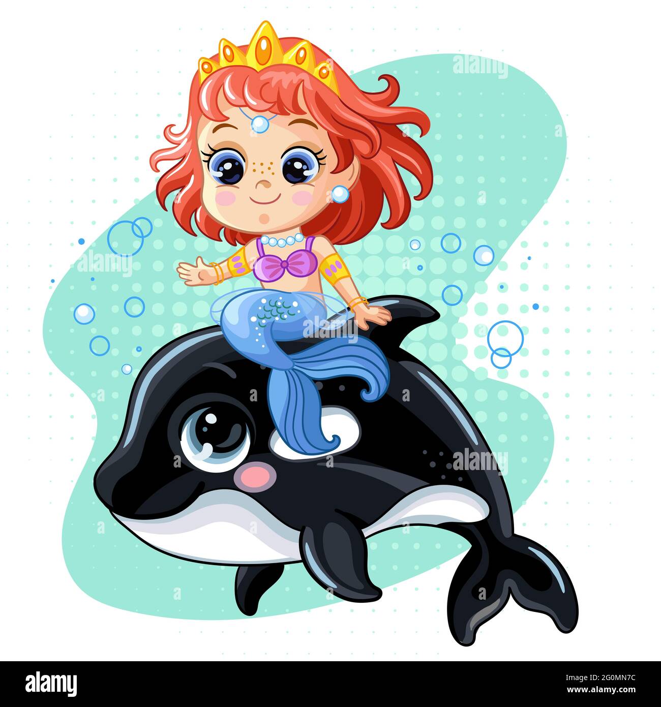 Niedliche kleine Meerjungfrau, die auf einem Killerwal reitet. Eine Zeichentrickfigur. Vektordarstellung isoliert auf weißem Hintergrund. Für T-Shirt, Print und Design, Stock Vektor