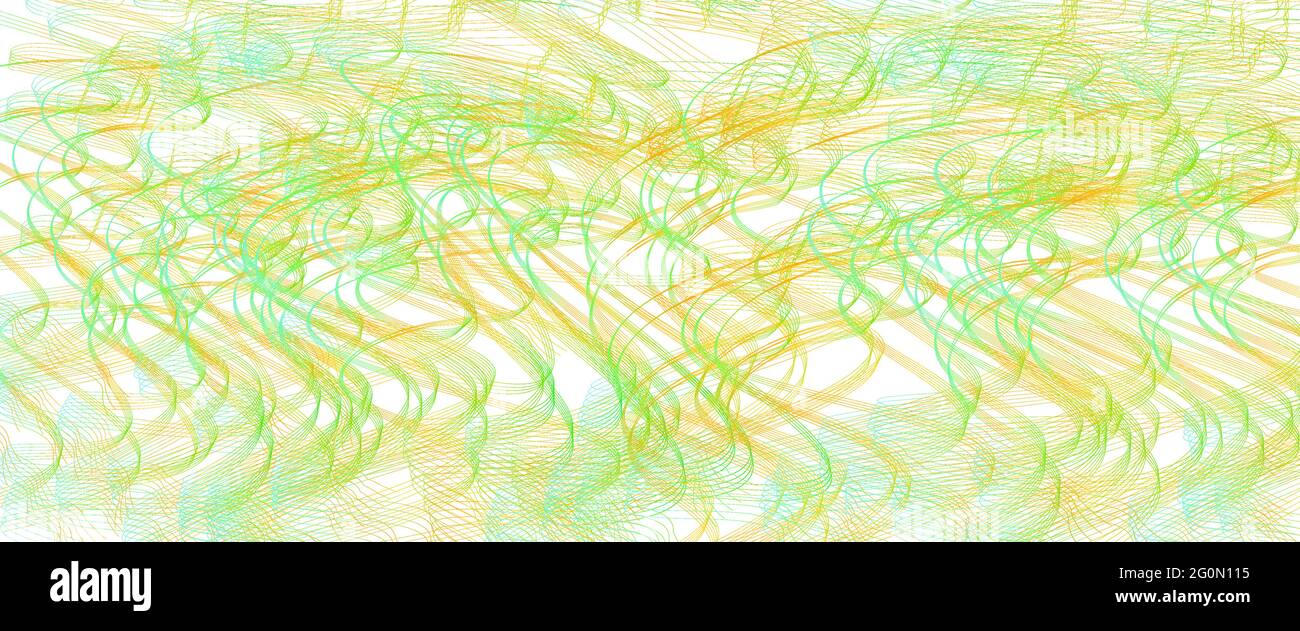 Hellgrüne, orange dünne Quichelllinien. Verwickelte Wellenlinien. Abstrakter Vektorhintergrund. Strukturiertes Muster. Vorlagendesign für Banner, Landing Page Stock Vektor