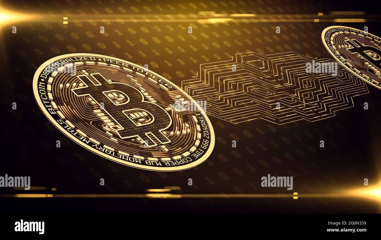 Bitcoin Kryptowährung Blockchain auf binärem goldenem Hintergrund. Abstrakter Hintergrund des digitalen Geldes im digitalen Cyberspace. Stockfoto